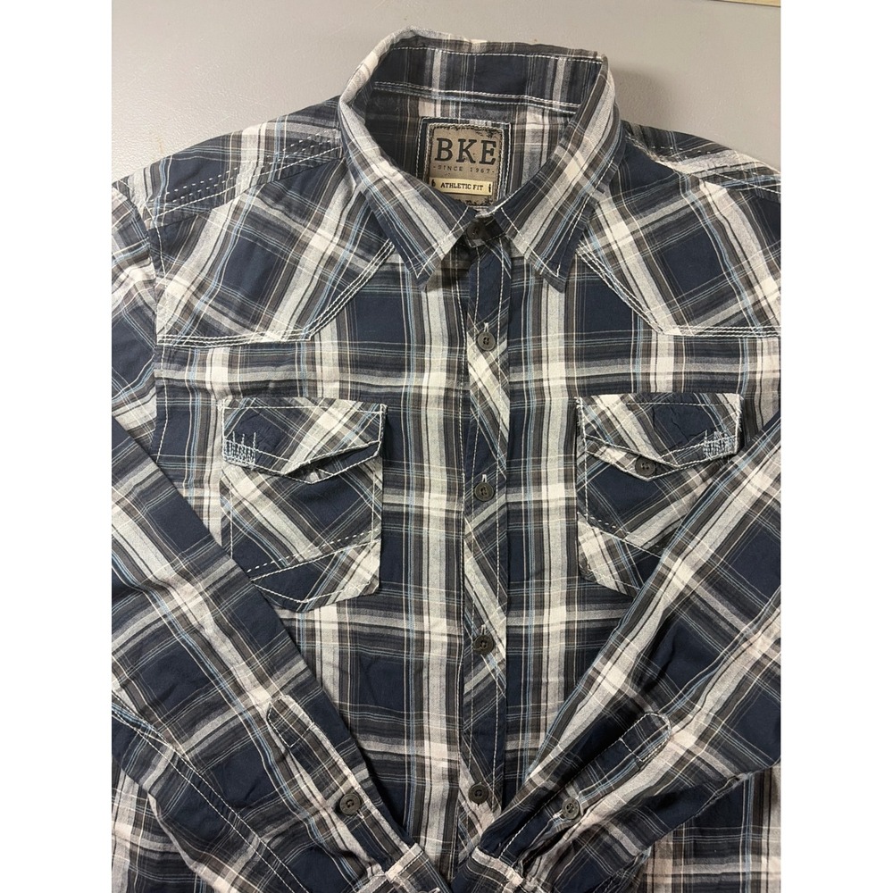 BKE Plaid Button Down Shirt Mens XL Navy Blue Athletic Fit Western Long Sleeve - Picture 1 of 8